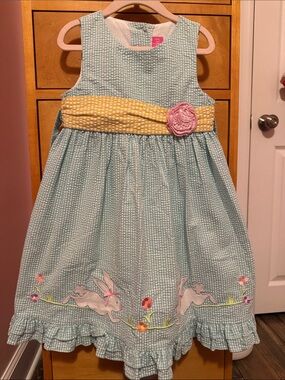 Good Lad Aqua Seersucker Dress with Yellow Sash and Pink Rose